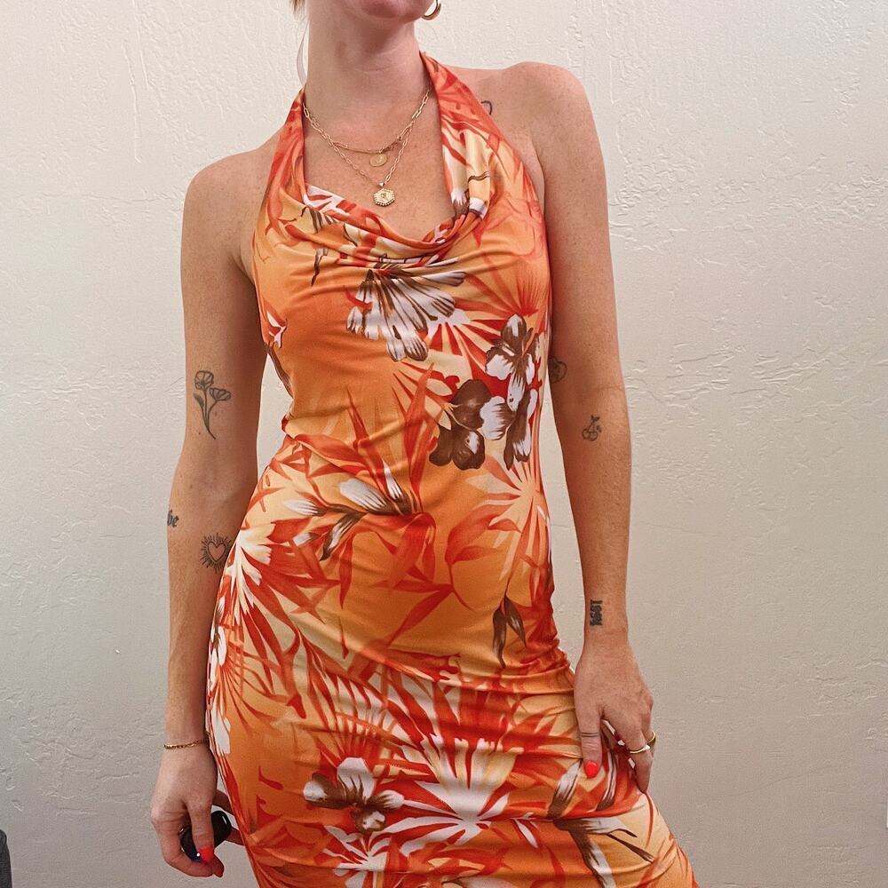 Vintage Y2K Orange Hawaiian Flower Cowl Neck Halter Slip Dress - Picture 5 of 8